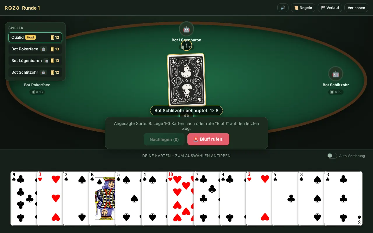 Bluff: runder Tisch mit verdeckt gelegter Karte