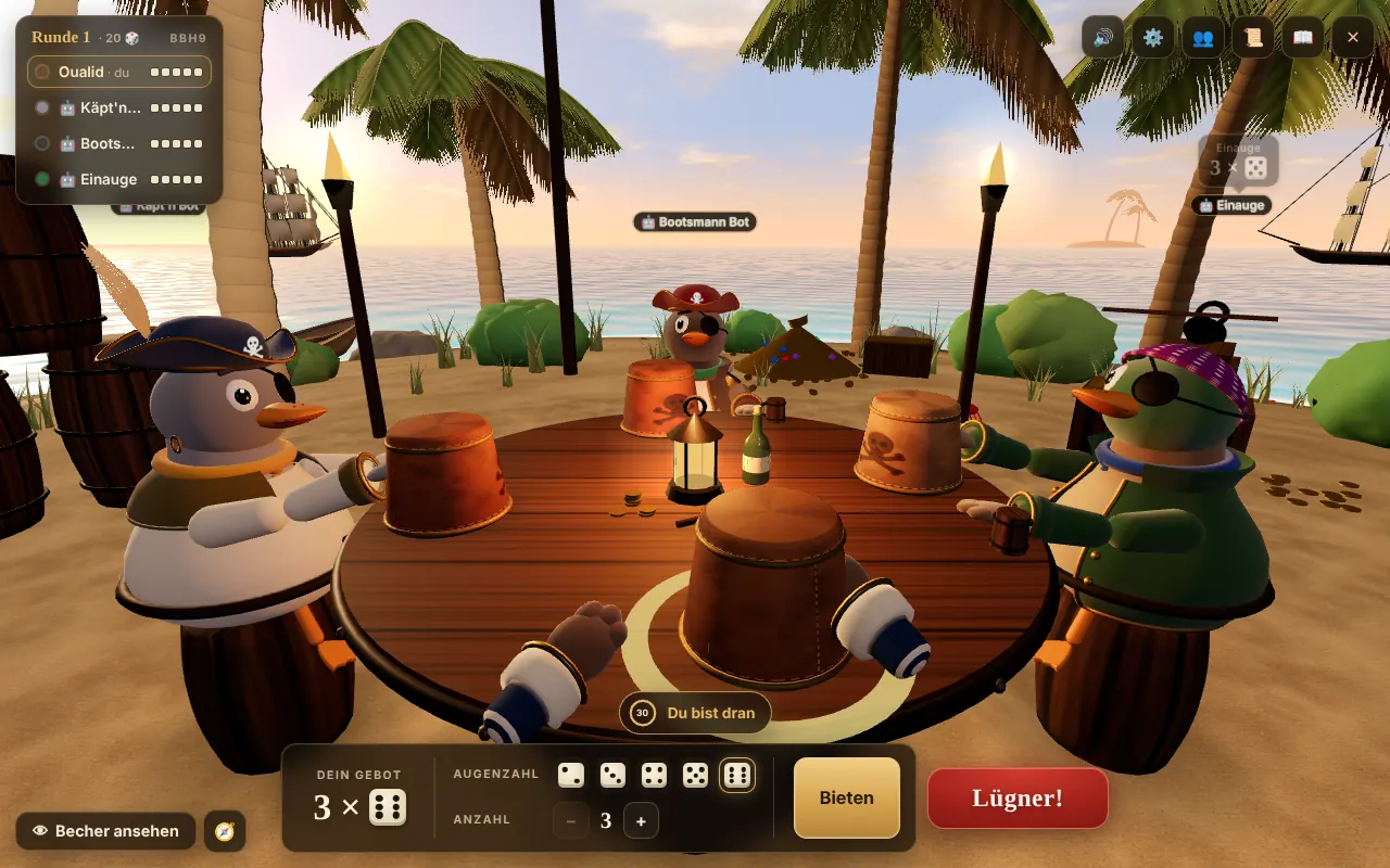 Liar's Dice: 3D-Tisch auf der Pirateninsel mit Bot-Piraten