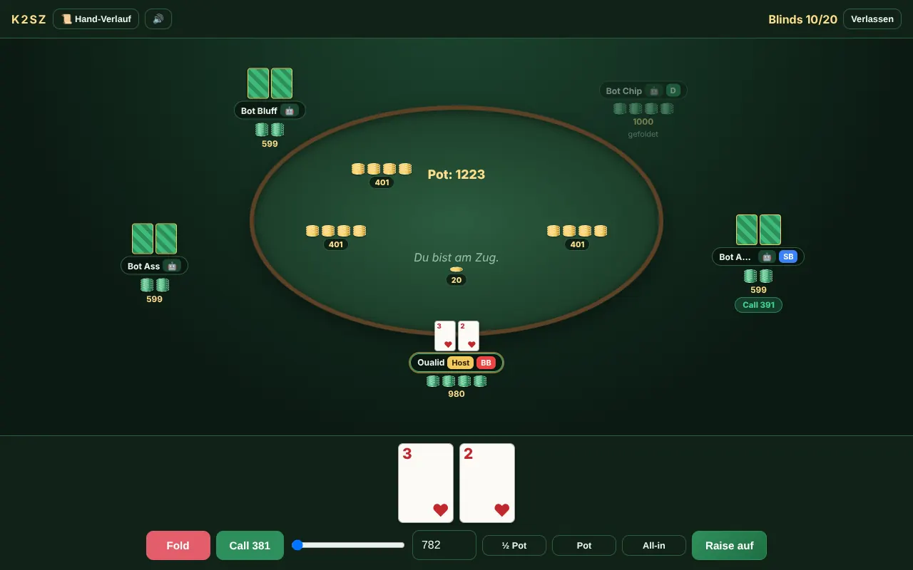 Poker-Tisch mit Bots, Pot und Setz-Buttons